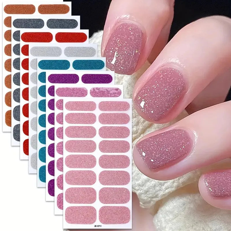 8 láminas de adhesivos completos para uñas con efecto esmalte, pegatinas de gel autoadhesivas con brillo rosa, ideales para manicuras DIY en casa, accesorios y kits de decoración de uñas para mujer
